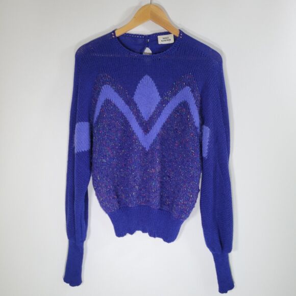 Vintage MIKE KORWIN Royal Blue Knit Sweater Size 16 Fuzzy Nubby 80s - Picture 1 of 10
